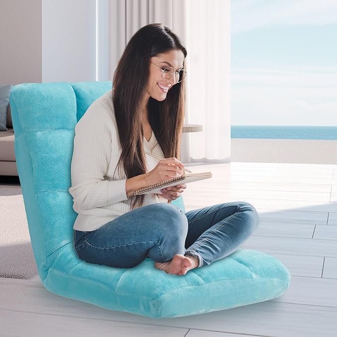 Folding Floor Chair 14-Position Cushioned Adjustable Floor Lazy Sofa Chair w/Breathable Cotton & Skin-Friendly Flannel for Adults & Kids Ideal for Reading Meditating, Blue