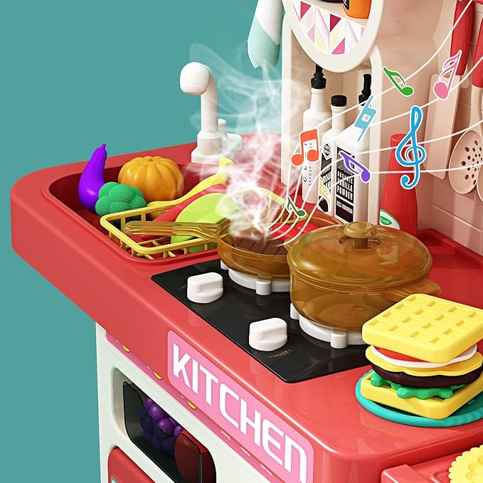 Deejoy 89 PCS Kitchen Playset, Kids Kitchen Toys with Realistic Lights and Sounds, Pretend Steam and Water Tank Functions, Kitchen Color Changing Play Food Accessories for Boys and Girls (Green)