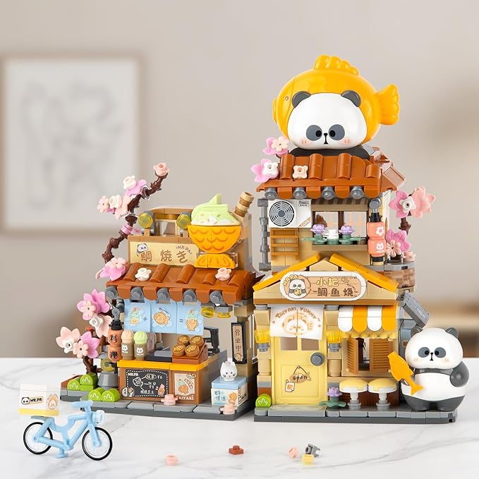 Finger Rock Street View Mini City Taiyaki Shop Building Set, Cute Panda Animals Building Toys Creative Architecture Set, Ideas Gifts for Adults Kids 8+ (858PCS)