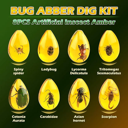 Amber Dig Kit - Insects in Resin, 8 Insects Specimens Excavation Kit, Gemstone Bugs for Kids, Fossil Bug Toys Dig Kits for Bugs Collection, Insect Toys for Boys Girls 6 and up Year Old Birthday Gifts
