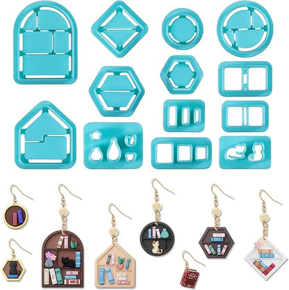 ORIGACH 13 Pcs Mini Bookshelf Polymer Clay Cutters，Book Vase Frame Design Clay Cutters for Polymer Clay Jewelry Earrings with a Clear Storage Box
