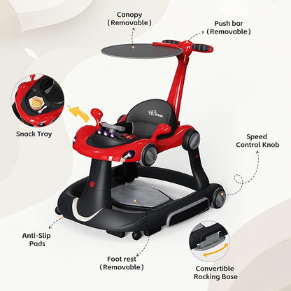 Baby Walker with Wheels, 7-in-1 Foldable Baby Walkers for Boys Girls 6-12 Months with Feeding Tray & Music, Lights,Rocker,Sun Canopy, Bouncing Pedal, Adjustable Wheel Speed, Push Walker (Red)
