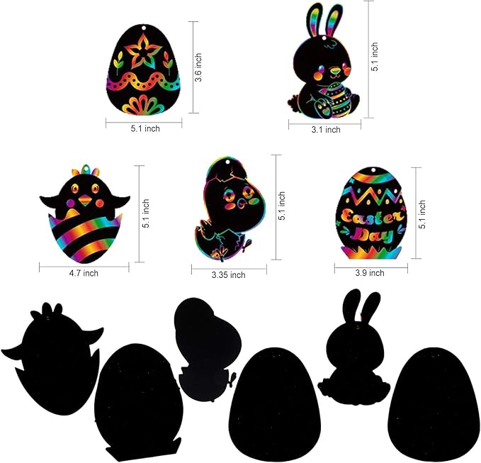 HOWAF 36pcs Easter Scratch Art for Kids Crafts Gift, Easter Egg Rainbow Scratch Art Paper for Kids Easter Drawing DIY Tags Decoration Easter Party Bag Fillers, Easter Egg Bunny Chick Carrot Basket