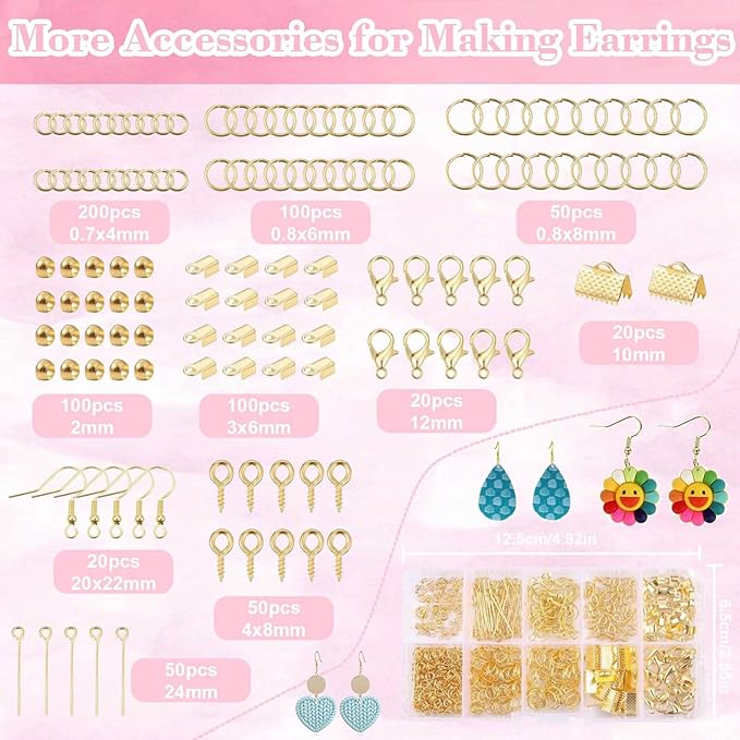 Fesorsi 800 Pcs Clay Earring Making Kit, 67 Polymer Clay Molds Stainless Steel, Polymer Clay Tools with 8 Circle Cutters, 1 Clay Letter Stamps and 710 Pcs Earring Accessories for DIY Jewelry