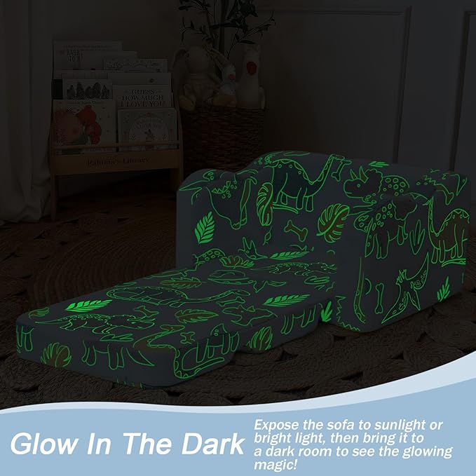MeMoreCool Glow in The Dark Dinosaur Toddler Couch, Foldable Plush Kids Recliner Chair, Baby Lounge Sofa, Fold Out Couch for Boys Ages 1-3 (Blue)