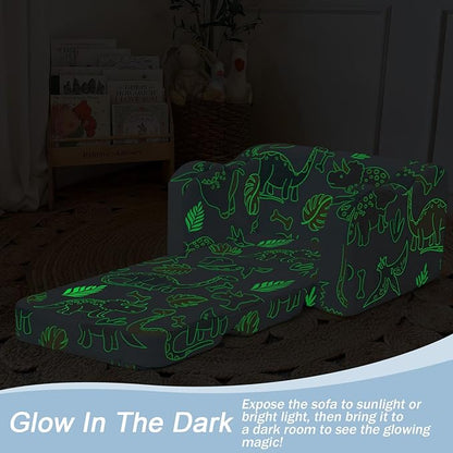 MeMoreCool Glow in The Dark Dinosaur Toddler Couch, Foldable Plush Kids Recliner Chair, Baby Lounge Sofa, Fold Out Couch for Boys Ages 1-3 (Blue)