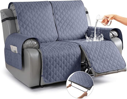 TAOCOCO 100% Waterproof Recliner Covers, Recliner Sofa Covers with Leg Straps, Reversible Recliner Couch Cover for Reclining Chair, Washable Couch Protector for Pets Kids(2 Seater, Bluish Gray)