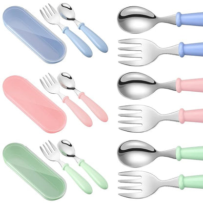 9 Pieces Toddler Utensils Stainless Steel Fork and Spoon Safe Baby Silverware Set, Kid Safe Utensils Children's Flatware Kids Cutlery Set with Round Handle for LunchBox (Blue, Green, Pink)
