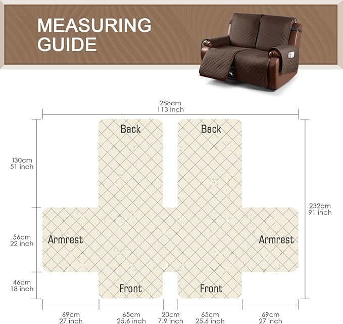 KinCam Waterproof Loveseat Recliner Cover, Non-Slip Reclining Couch Covers for 2 Seat, Recliner Sofa Cover Furniture Protector with Elastic Straps for Kids, Pets, Deep Brown