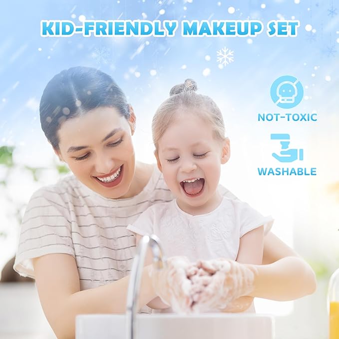GirlsHome Kids Makeup Set for Girl 56 Pcs Washable Real Cosmetic, Non-Toxic Frozen Toys Toddler Makeup Kit, Frozen Princess Dress up Kit Christmas & Birthday Girl Gift for 3-12 (Frozen Blue)