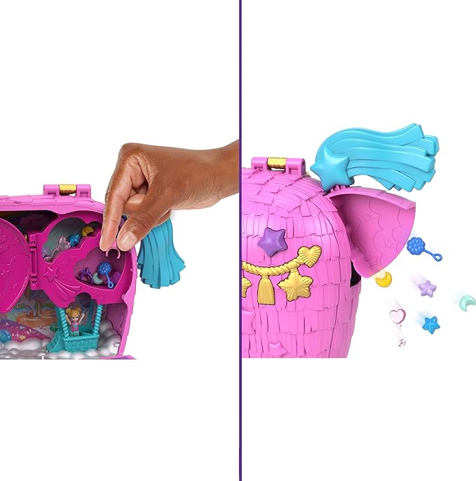 Polly Pocket Dolls & Playset with Pets & 25+ Surprise Accessories, Birthday Celebration Unicorn Partyland Playset, Hot Air Balloon Ride