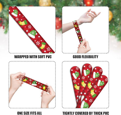 KIMOBER 48PCS Christmas Slap Bracelets,Assorted Snap Wristbands with Xmas Elements for Kids Party Favors