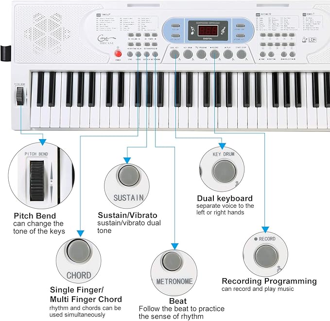 Hricane Keyboard Piano Lighted Keys for Beginner Adults Teens Kids, 61 Key Electronic Music Keyboard with Teaching Modes Powered by USB or Battery with LCD Display Microphone Headphone Jack