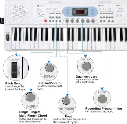 Hricane Keyboard Piano Lighted Keys for Beginner Adults Teens Kids, 61 Key Electronic Music Keyboard with Teaching Modes Powered by USB or Battery with LCD Display Microphone Headphone Jack