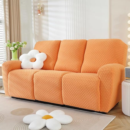 vctops 8 Pieces Jacquard Plush Recliner Sofa Covers Stretch Soft 3 Seats Couch Cover Anti-Slip Solid Color Sofa Slipcover Furniture Protector with Elastic Bottom for Kids Pet (Orange,3 Seat)