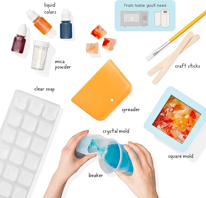 KiwiCo Crystal Geode Soapmaking Kit | Complete Set Includes Beaker, Clear Soap, Molds, Mixing Sticks, Mica Powder, Liquid Colors & More | DIY Soap Making Kit for Kids Ages 7+