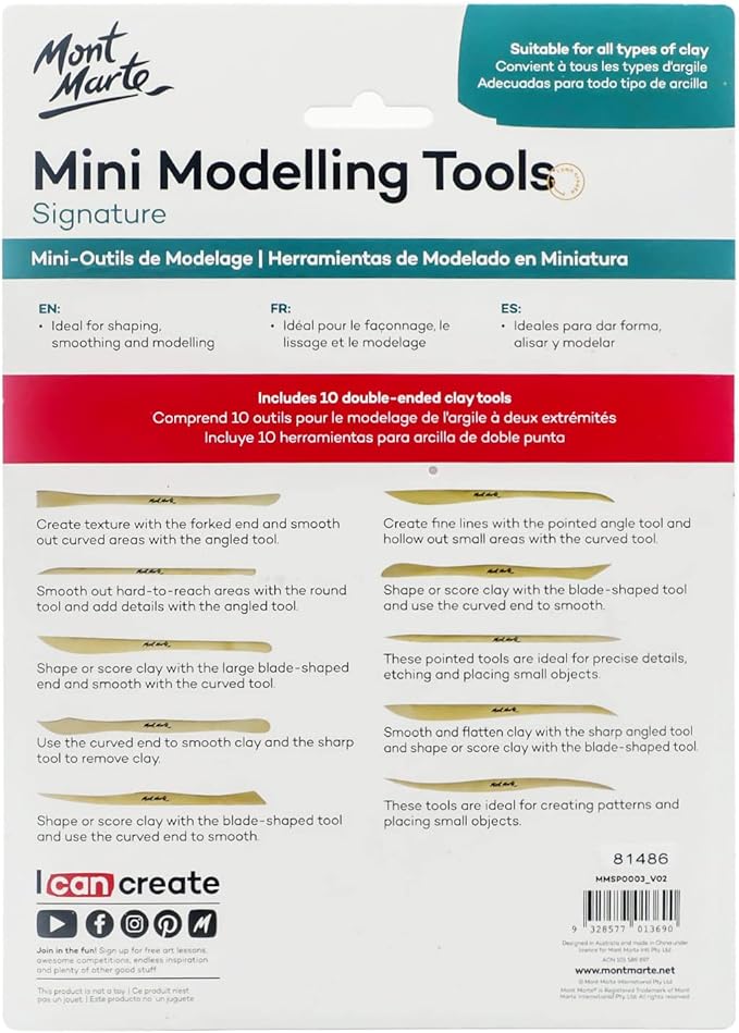 Mont Marte Boxwood Mini Clay Modeling Tools 10 Piece. Set of Double Ended Pieces Providing 20 Tools. Suitable for Cutting, Carving and Smoothing