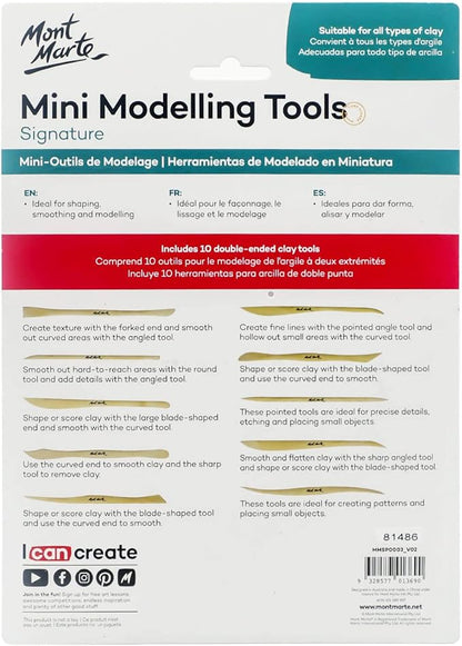 Mont Marte Boxwood Mini Clay Modeling Tools 10 Piece. Set of Double Ended Pieces Providing 20 Tools. Suitable for Cutting, Carving and Smoothing