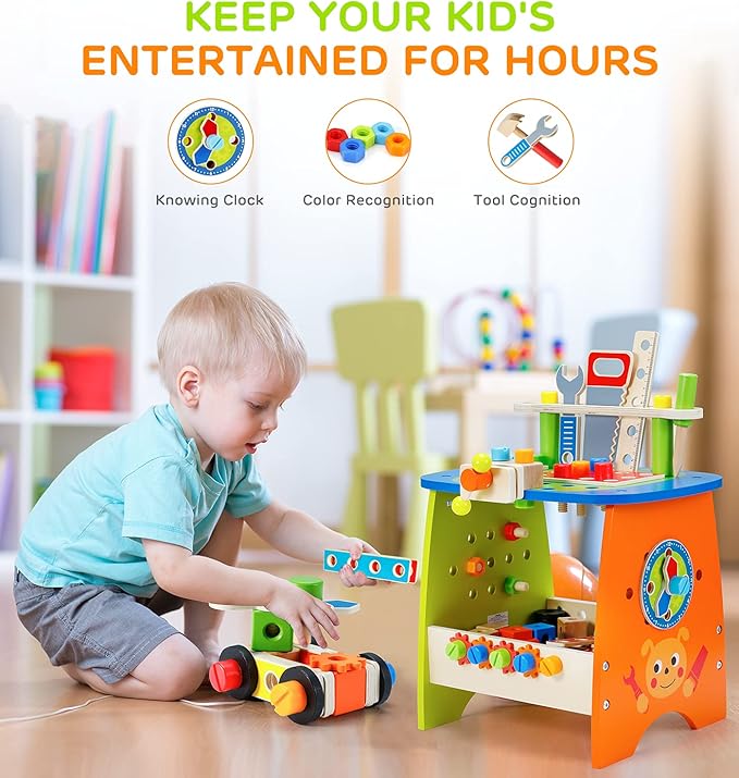 Ohuhu Kids Tool Set: 89Pcs Wooden Toddler Tool Workbench Toy Set with Construction Learning Educational Bench Play Toys for Boys Girls Age 3 4 5 6 7 Birthday