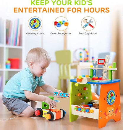 Ohuhu Kids Tool Set: 89Pcs Wooden Toddler Tool Workbench Toy Set with Construction Learning Educational Bench Play Toys for Boys Girls Age 3 4 5 6 7 Birthday