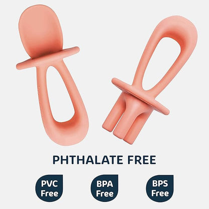 Tiny Twinkle Silicone Training Utensils - Baby Spoons and Baby Forks For Self-Feeding Training - Silicone Baby Led Weaning Utensils For Toddlers And Babies 6-24 Months - Baby Feeding Supplies (Coral)