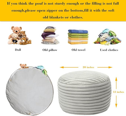 Round Stuffed Pouf Ottoman 20x20x12 Inches Faux Fur Ottoman Foot Rest Under Desk Foot Stool Great for Living Room Bedroom Small Furniture (Light Gray Pouf with Filler)