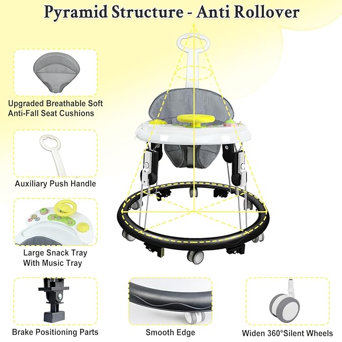 Foldable Baby Walker for Boys and Girls, 5-in-1 Baby Walker with Wheels, Adjustable Height Toddler Activity Walker with Music Tray, Detachable Seat and Mute Anti-Rollover Baby Walkers for 8-24 Months