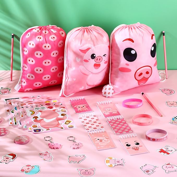 Nezyo 140 Pcs Pig Party Favors for Kids Include Pig Goodie Bags Bracelets Badges Keychains Spiral Notepads Pink Pencils and DIY Stickers for Girls Boys Birthday Baby Shower Pig Party Supplies