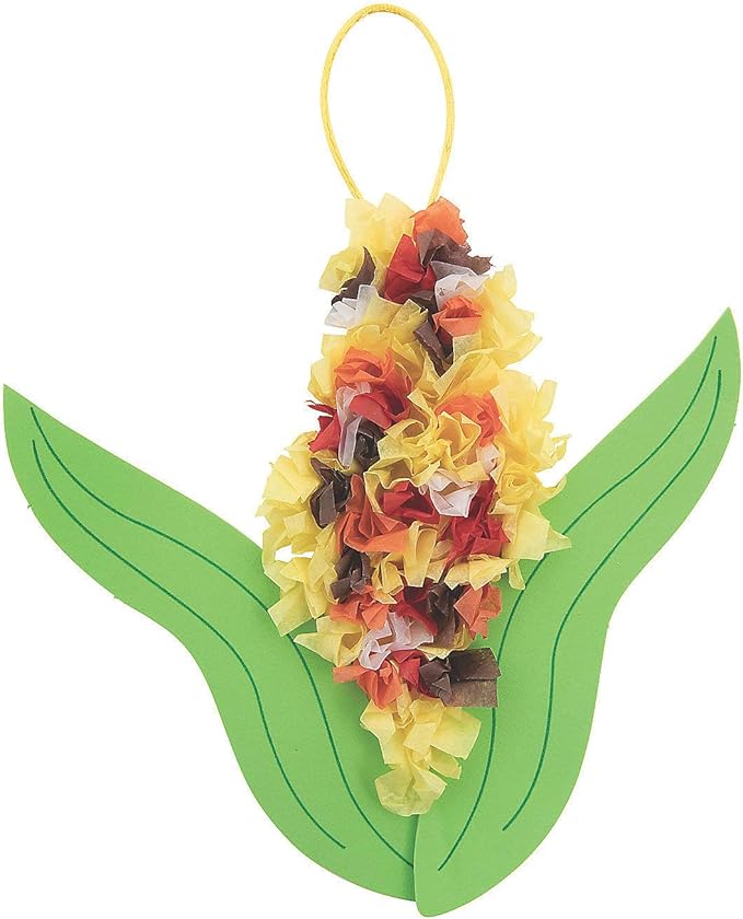 Fun Express Crinkle Tissue Paper Corn Craft Kit - Makes 12 - No Glue Needed - Fall Crafts for Kids