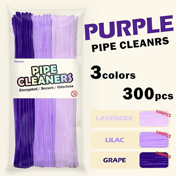 300pcs Purple Pipe Cleaners Bulk - Fluffy Craft Pipe Cleaners for Arts & Crafts, Ideal for Making Flowers, Animals & Decorations (12 x 0.24 inches)