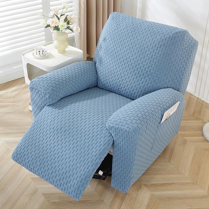 vctops 4 Pieces Jacquard Plush Recliner Slipcovers Stretch Soft Sofa Couch Cover Anti-Slip Solid Color Furniture Protector with Elastic Bottom for Kids Cats Dogs (Lake Blue,1 Seat)