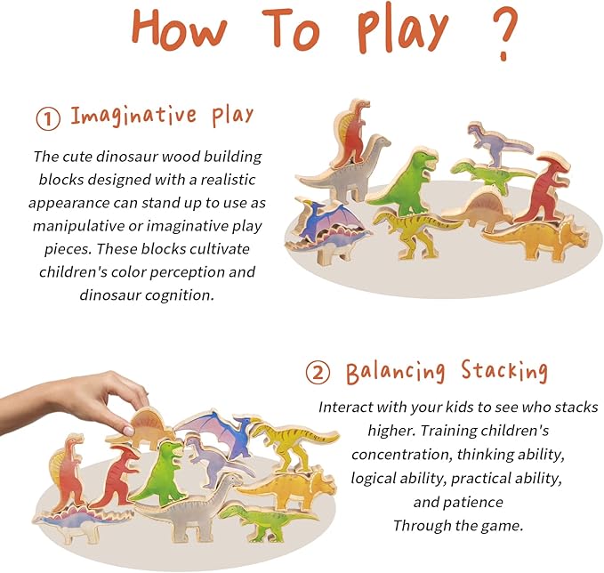 Xylolin Wooden Dinosaur Blocks Stacking and Balancing Toys, Toddler Wood Dinosaur Figures Blocks Imaginative Play, Preschool Educational Toys Gifts and Stack Balance Games for Kids