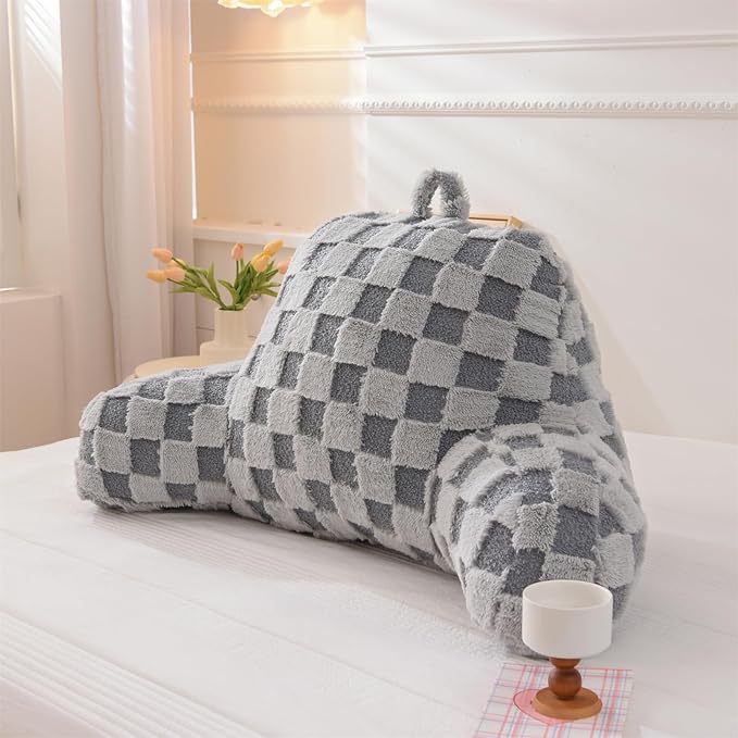 Aimuan Reading Pillow Checkered Bed Rest Wedge Backrest Checkerboard Pillow with Arms Back Support for Sitting Up in Bed Cushion Incline Rest Sleeping Snoring Pillow (Grey,Large)