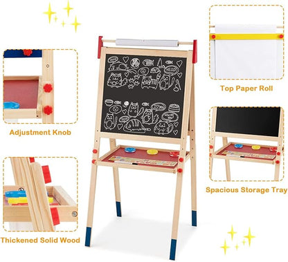 Costzon 3 in 1 Kids Art Easel with Paper Roll, Double Sided Dry Erase Chalkboard & Whiteboard, Height Adjustable Standing Easel with Storage, Painting Accessories, Magnetic Drawing Easel for Toddlers