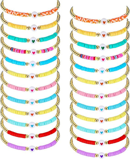 Sureio 24 Pcs Colorful Groovy Retro Friendship Bracelets Heart Hippie Surfer Friendship Bracelets Stretch Beaded Kids Bracelet for Tween Girls Women Groovy Party Favors