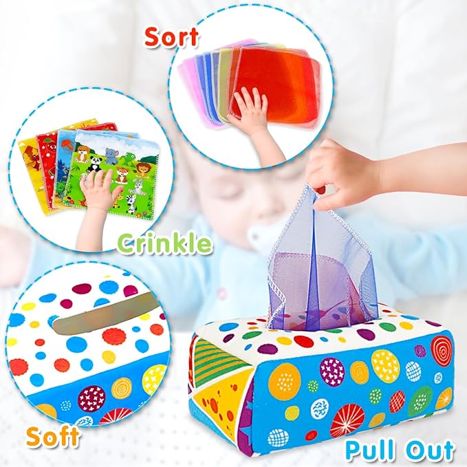 Baby Toys 6 to 12 Months - Baby Tissue Box Toys Montessori Toys for Babies 6-12 Months Soft Crinkle Infant Sensory Toys for 1 Year Old Early Learning Toys Baby Boys Girls Gifts