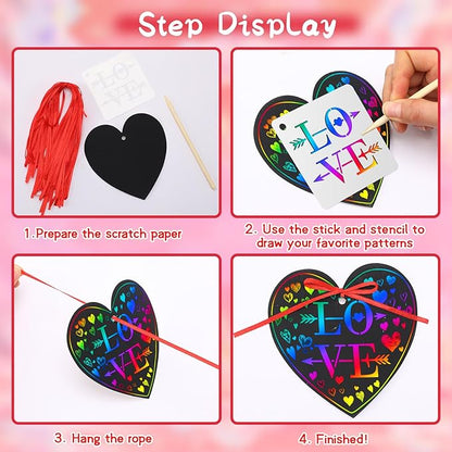 JULMELON Valentines Crafts for Kids, 48 PCS Heart Rainbow Scratch Art Valentines Day Cards for Kids Classroom Scratch Paper Art for Valentines Day Gifts Party Favors with 8 Pcs Valentines Day Stencils