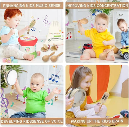 Toddler Musical Instruments - Natural Wooden Musical Toys Montessori Toys Percussion Instruments Set Preschool Educational Xylophone Kids Drum Set with Storage Bag for Boys and Girls