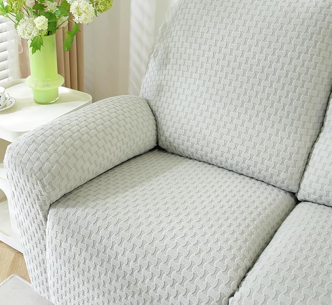 vctops 6 Pieces Jacquard Plush Recliner Loveseat Slipcover Stretch Soft Sofa Couch Cover Anti-Slip Solid Color Furniture Protector with Elastic Bottom for Kids Cats Dogs(Light Grey,2 Seat)