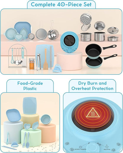Kids Cooking Set Real for Ages 8-12, Real Mini Kitchen Tools with Stove Burner & Safe Knife, Montessori Cooking Toys for Boys & Girls, Easy Beginner Cooking Gift – Blue