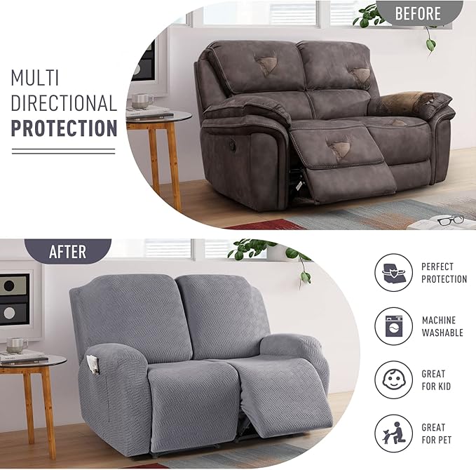 KinCam Recliner Covers, Stretch Reclining Chair Covers, Recliner Sofa Slipcovers Stripe Jacquard Recliner Couch Covers Furniture Protector Covers for Pet Kid (2 Seater, Light Gray)
