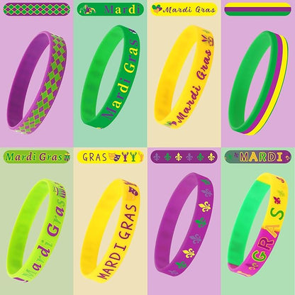 JUNEBRUSHS 24Pcs Mardi Gras Silicone Rubber Wristbands Bracelets for Mardi Gras Carnival Birthday Party Favors Supplies Decorations Goodie Bag Stuff Fillers (8 Designs)