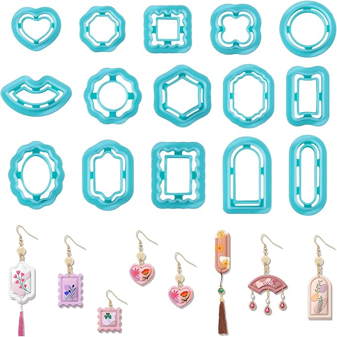ORIGACH 15 Pcs Frame Polymer Clay Cutters，Vintage Frame Design Clay Cutters for Polymer Clay Jewelry Earrings with a Clear Storage Box