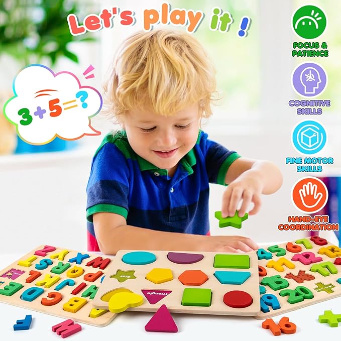 Wooden Puzzles for Toddlers, Alphabet Puzzle and Number Shape Puzzle, 3 in 1 Preschool Educational Learning Toys with Chunky Wood ABC Puzzle Board for 2 3 4 5 Girls Boys Kindergarten Set of 3