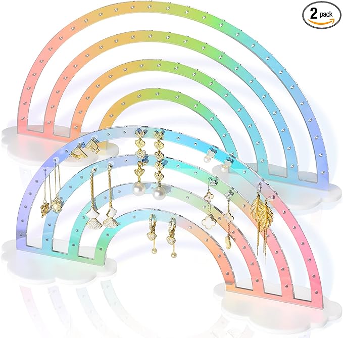 NiHome Iridescent Earring Organizer Set - 74-Hole Display Rack for Studs, Dangles and Hoops - Rainbow Iridescent Finish - Clear Acrylic - Ideal for Girls and Women