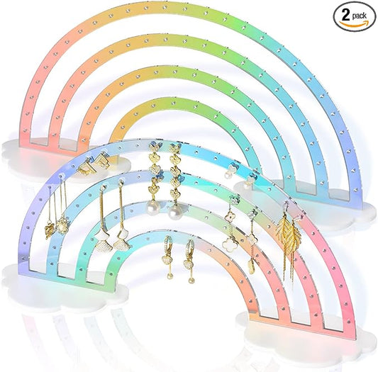 NiHome Iridescent Earring Organizer Set - 74-Hole Display Rack for Studs, Dangles and Hoops - Rainbow Iridescent Finish - Clear Acrylic - Ideal for Girls and Women