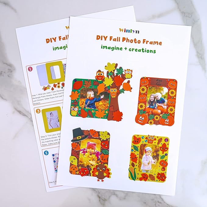Winlyn 12 Sets Fall Craft Kits Fall Thanksgiving Picture Frame Decorations Art Sets Tree of Thanks Turkey Owl Smile Face Pumpkin Autumn Leaf Foam Stickers Arts and Crafts for Kids Party Activities