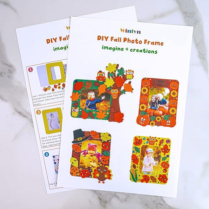Winlyn 12 Sets Fall Craft Kits Fall Thanksgiving Picture Frame Decorations Art Sets Tree of Thanks Turkey Owl Smile Face Pumpkin Autumn Leaf Foam Stickers Arts and Crafts for Kids Party Activities