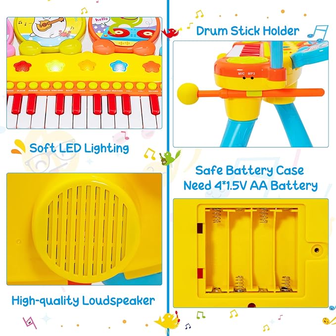 Costzon 24-Key Kids Piano Keyboard Toy, Toddler Electronic Musical Instrument Educational Toy w/Microphone, Multiple Sounds, Record Playback, Lights & Stool, Birthday Gift for Girls Boys Age 3+, Blue