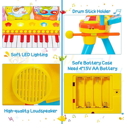 Costzon 24-Key Kids Piano Keyboard Toy, Toddler Electronic Musical Instrument Educational Toy w/Microphone, Multiple Sounds, Record Playback, Lights & Stool, Birthday Gift for Girls Boys Age 3+, Blue